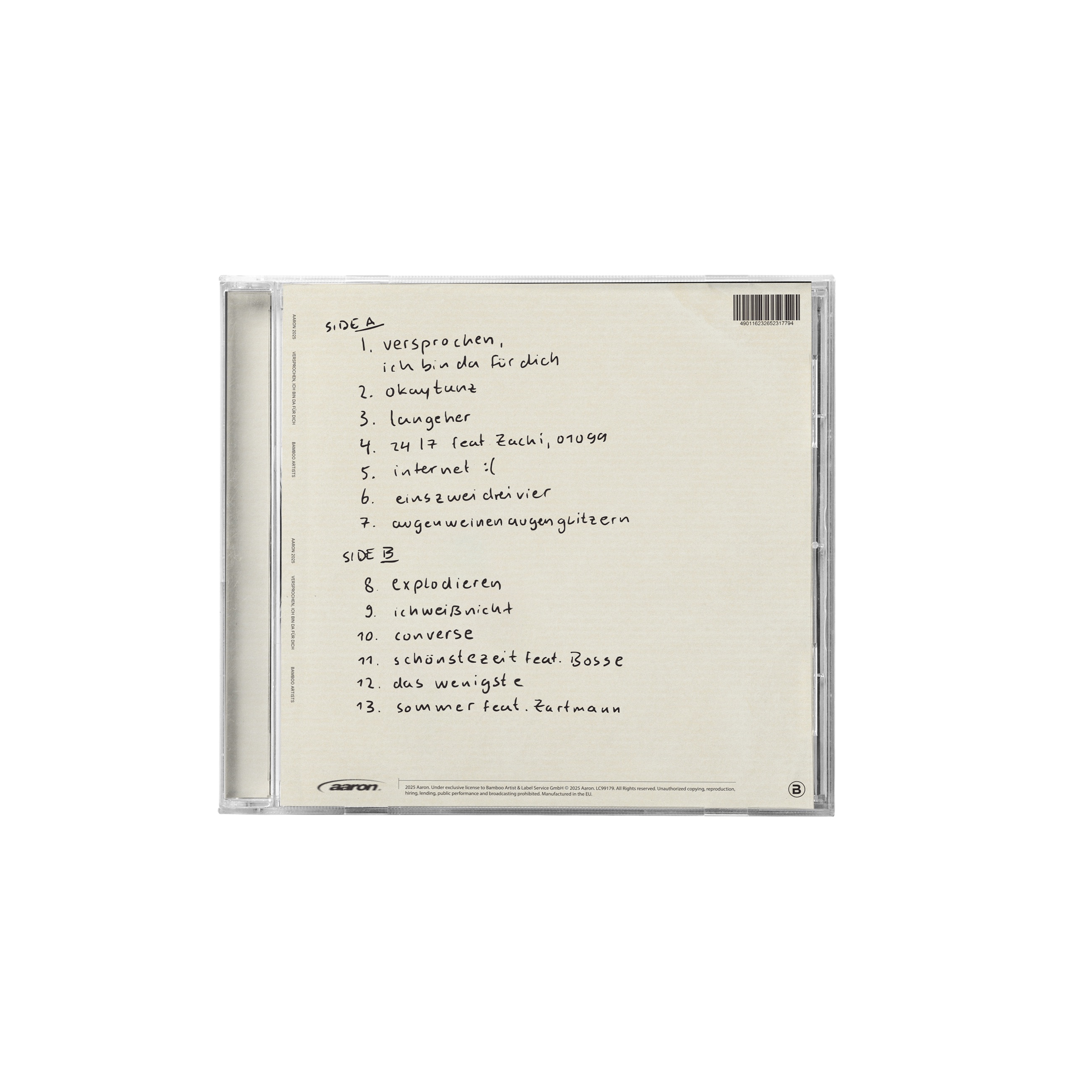 AARON CD case, back with handwritten tracklist